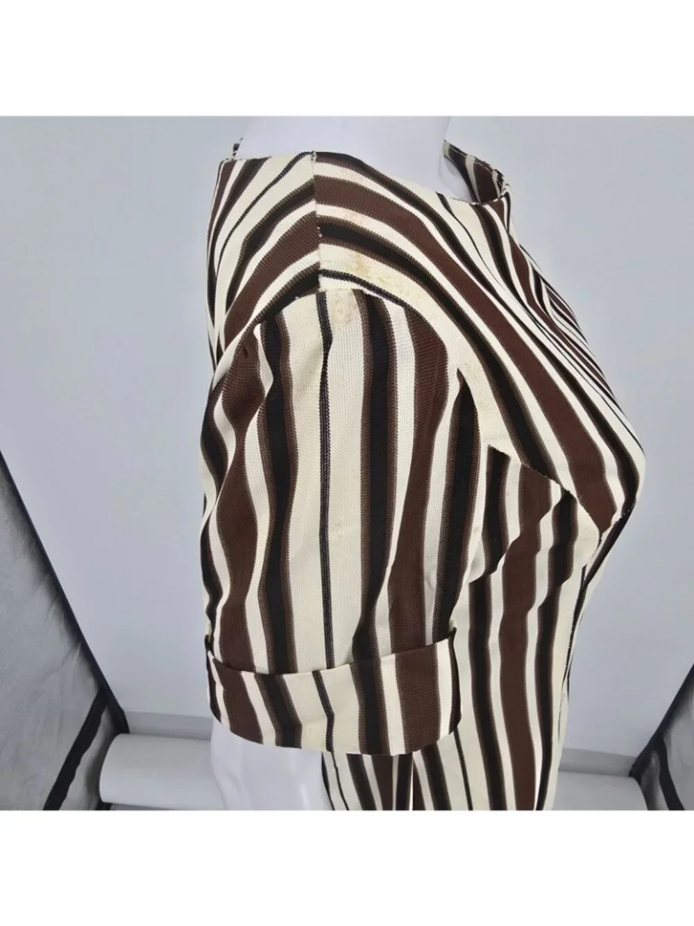 Vintage 1970s Brown/Cream/Black Mod Op Art Vertical Striped Shift Dress (M)